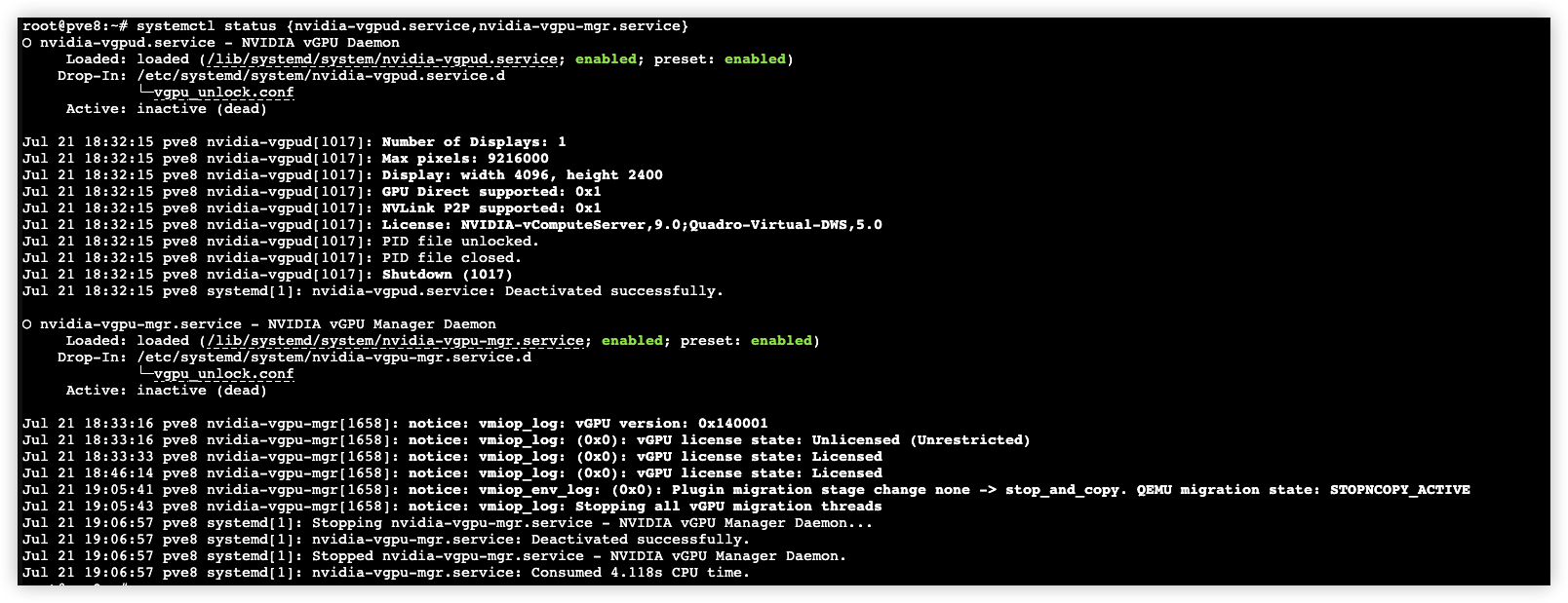 systemctl status {nvidia-vgpud.service,nvidia-vgpu-mgr.service}