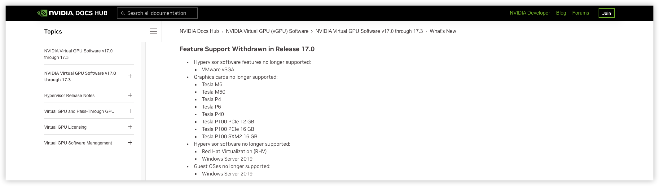 NVIDIA VGPU 17.0 不再支持的显卡